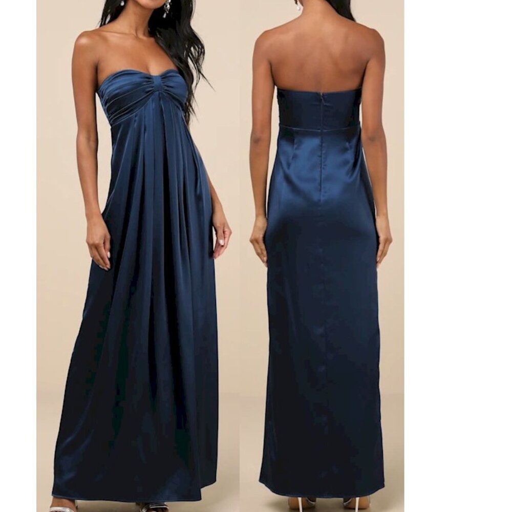 Lulus Memorable Entrance Dark Blue Strapless Satin Maxi Dress Medium worn once